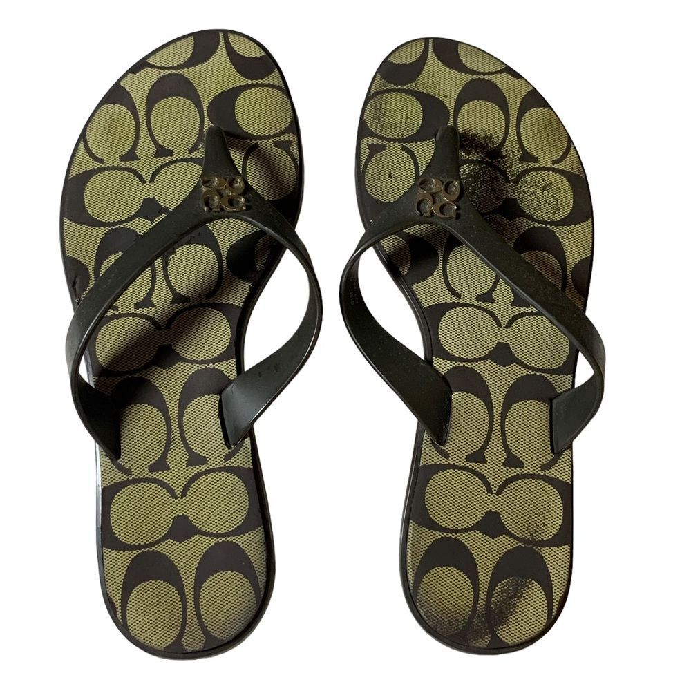 COACH C Signature Black Gold Sandal Slippers 5.5